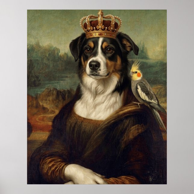 Chien Mona Lisa avec perroquet cockatiel Affiches  (Devant)