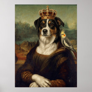 Chien Mona Lisa avec perroquet cockatiel Affiches