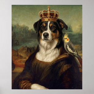 Chien Mona Lisa avec perroquet cockatiel Affiches
