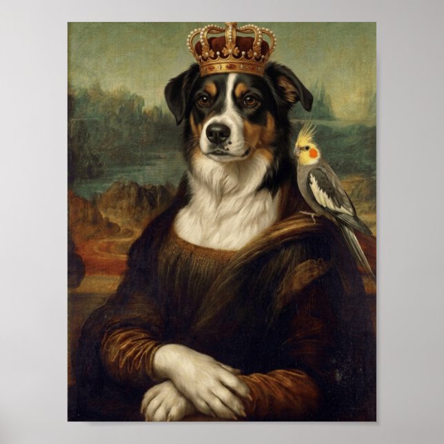 Chien Mona Lisa avec perroquet cockatiel Affiches  (Devant)
