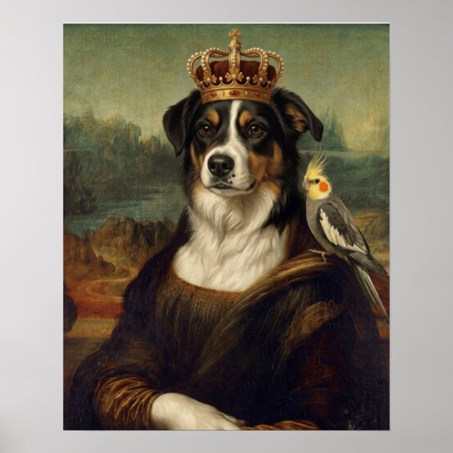 Chien Mona Lisa avec perroquet cockatiel Affiches  (Devant)
