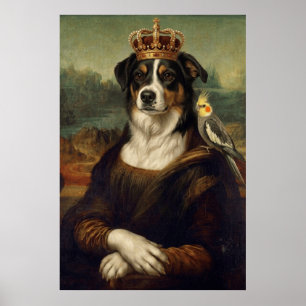 Chien Mona Lisa avec perroquet cockatiel Affiches