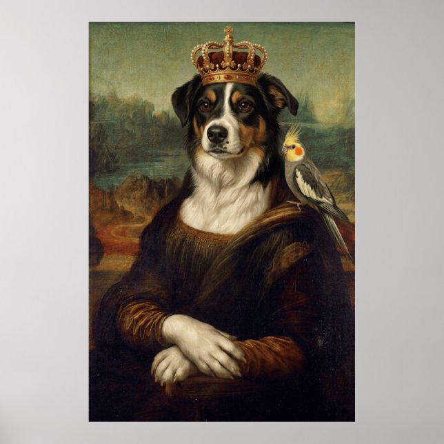 Chien Mona Lisa avec perroquet cockatiel Affiches  (Devant)