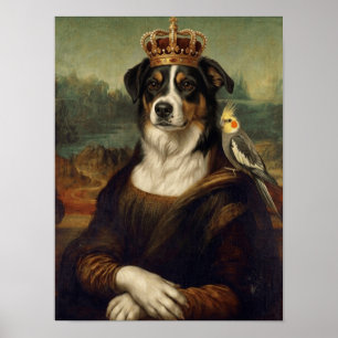 Chien Mona Lisa avec perroquet cockatiel Affiches
