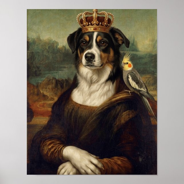 Chien Mona Lisa avec perroquet cockatiel Affiches  (Devant)
