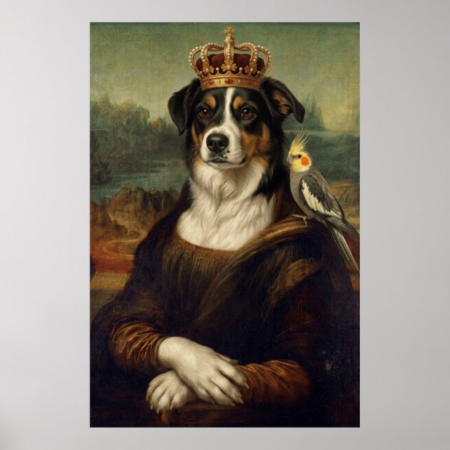 Chien Mona Lisa avec perroquet cockatiel Affiches  (Devant)