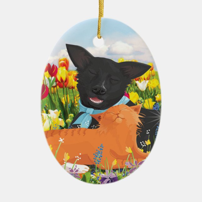 Chien noir, Chat rouge Arbre de Noël Ornement (Devant)