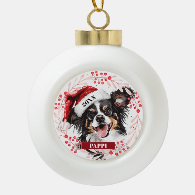 Chien Papillon avec chapeau de Père Noël Ornement  (Devant)