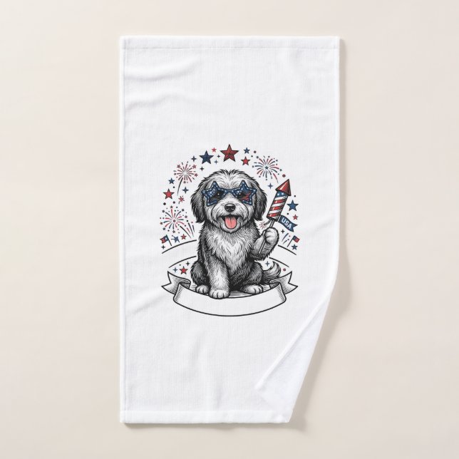 Chien Patriotique Feu d'Artifice Vintage Vector T- (Serviette à main)