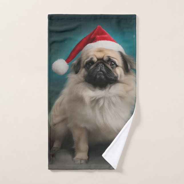 Chien pekingese pendant Noël de neige (Serviette à main)
