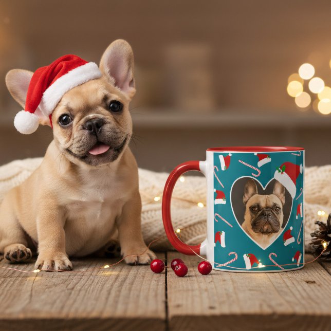 Chien Photo de Noël Santa Hat Turquoise café Mug (A fun and festive coffee mug with space for your pup's and name (or yours) Happy Howlidays!)