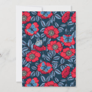 Chien rose et papillons en bleu et rouge