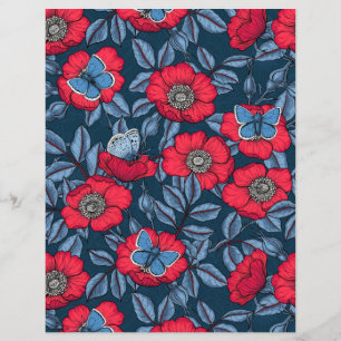 Chien rose et papillons en bleu et rouge