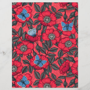 Chien rose et papillons en rouge et bleu
