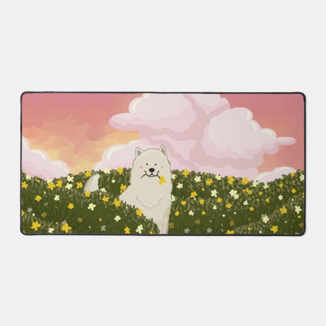 Chien Samoyède Mignon dans un Champ de Fleurs Jaun (Recto)