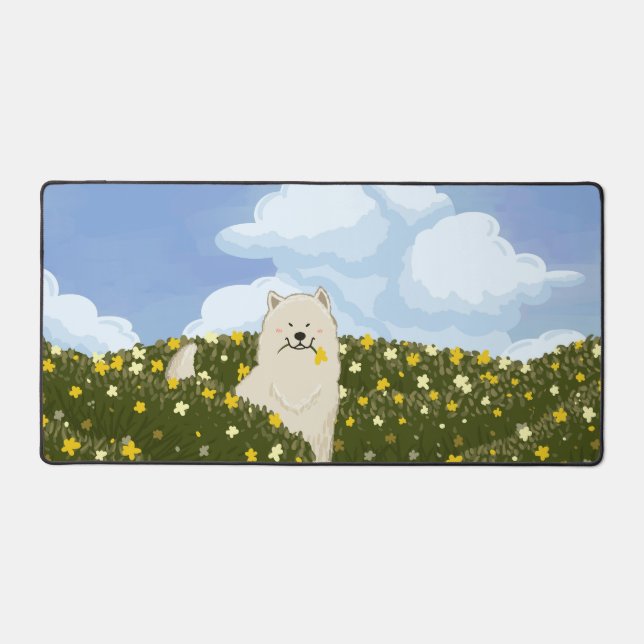 Chien Samoyède Mignon dans un Champ de Fleurs Jaun (Recto)