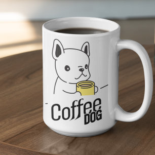 Chien tenant une tasse de café dit Coffee Dog