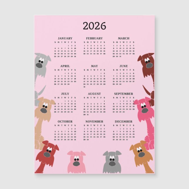 Chiens Colorés Calendrier 2026 Carte Magnétique (Devant)