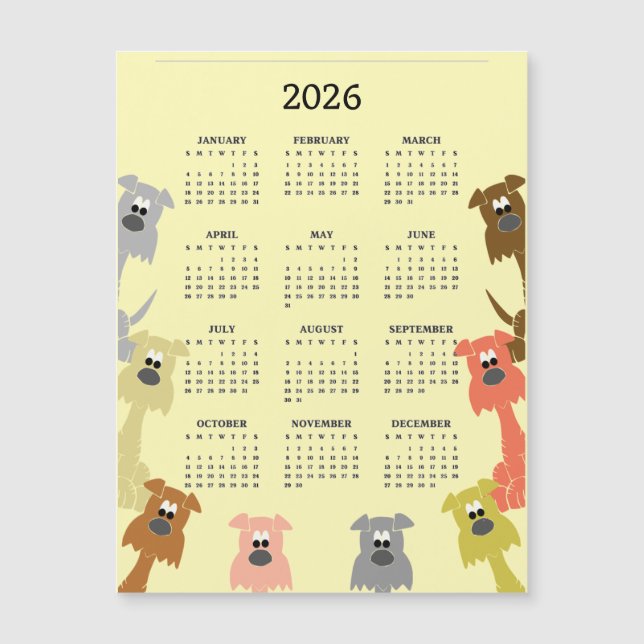 Chiens Colorés Calendrier 2026 Carte Magnétique (Devant)