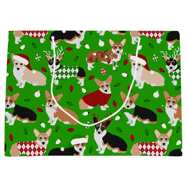 Chiens de Noël Corgi Grand sac cadeau (Devant)