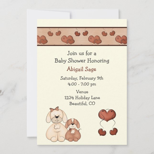 Chiens et Coeurs Baby shower Invitation pour les f (Devant)