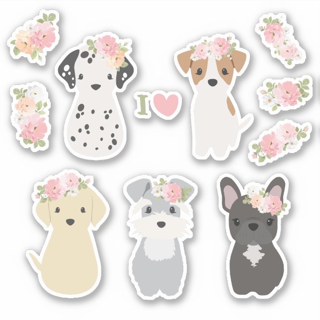 Chiens mignons avec Sticker Pack Fleurs (Devant)