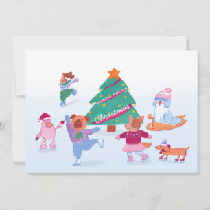 Chiens mignons Patinage sur glace bleu doux Carte