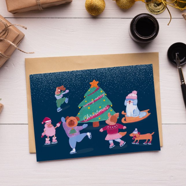Chiens mignons Patinage sur glace Carte de vacance (Créateur téléchargé)