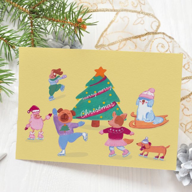 Chiens mignons Patinage sur glace Carte de vacance (Créateur téléchargé)
