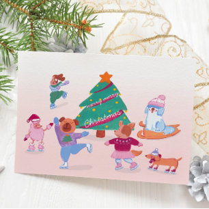 Chiens mignons Patinage sur glace rose doux Carte