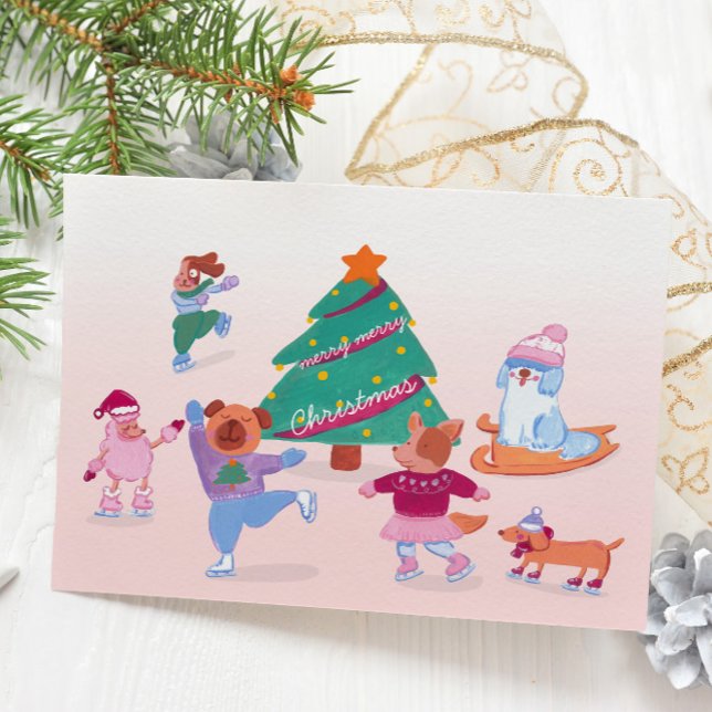 Chiens mignons Patinage sur glace rose doux Carte  (Créateur téléchargé)