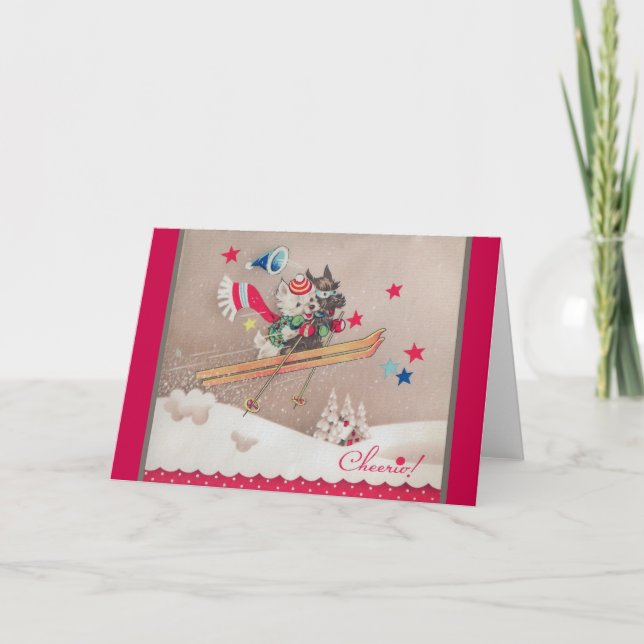 Chiens rétro Ski Carte de voeux de Noël (Devant)