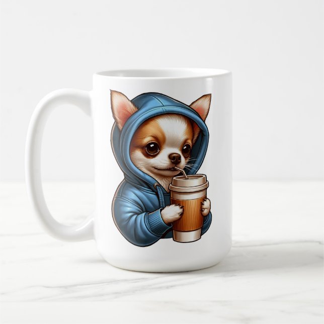Chihuahua adorable buvant du café dans une tasse (Gauche)
