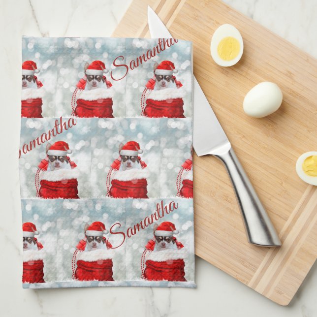 Chihuahua de Noël, serviette de cuisine personnali (Quart Plié)