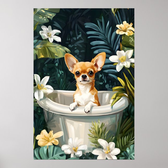Chihuahua In Bathtub Poster, Funny Dog Poster (Devant)
