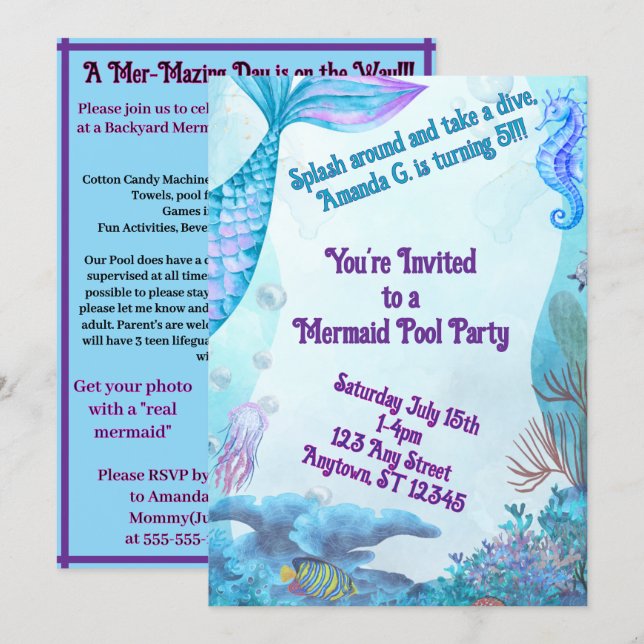 Child's Mermaid Birthday Double Sided Invitation (Devant / Derrière)