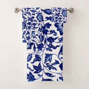 Chinois bleu marine foncé motif floral sur blanc