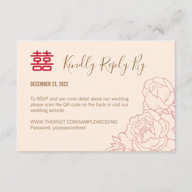 Chinois Elegant Peony Wedding RSVP avec QR Code (Devant)