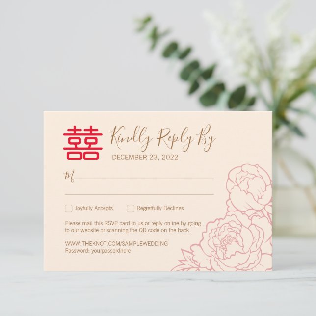 Chinois Elegant Peony Wedding RSVP avec QR Code (Debout devant)