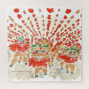 Chinois Lion Danse aquarelle Puzzle