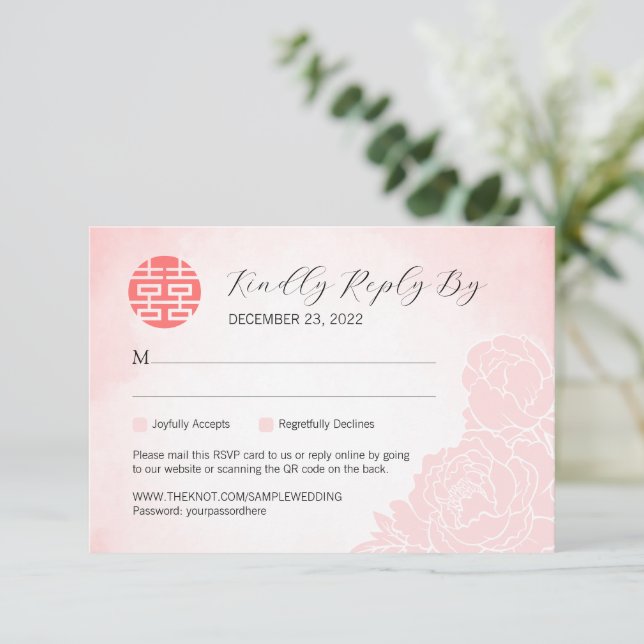 Chinois Watercolor Peony Wedding RSVP avec QR Code (Debout devant)