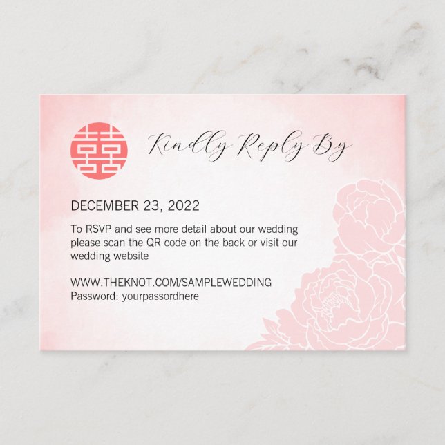 Chinois Watercolor Peony Wedding RSVP avec QR Code (Devant)