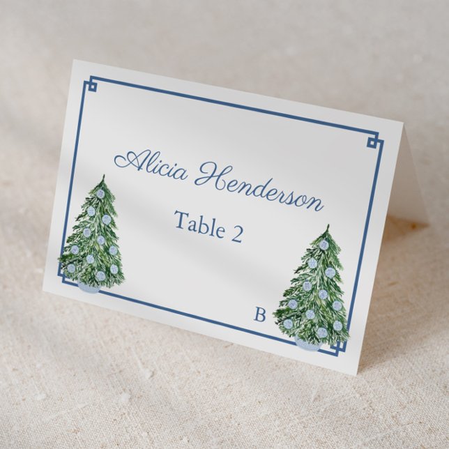 Chinoiserie Arbre de Noël Carte Place individuelle (Chinoiserie holidays tree with navy blue greek key border and print individual christmas place cards)