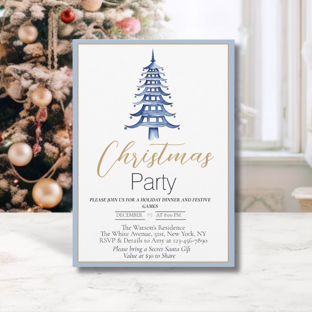Chinoiserie bleu nuit Pagode Noël Invitation (Chinoiserie Pagoda Christmas tree: Christmas Party invitation in dusty blue)