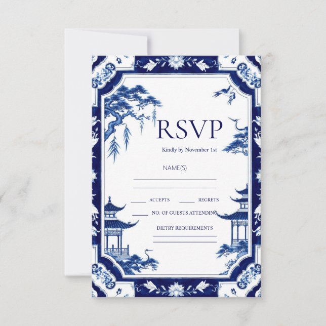 Chinoiserie Blue Floral Wedding Cartes RSVP (Devant)