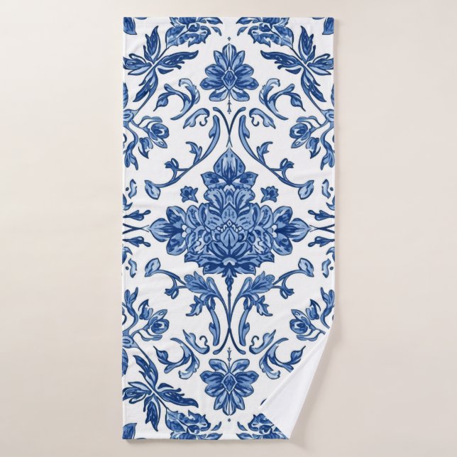 Chinoiserie Florale Bleue Aquarelle Blanche (Serviette de bain)
