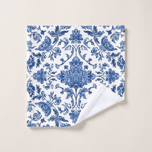Chinoiserie Florale Bleue sur Fond Blanc Aquarelle (Gant de toilette)