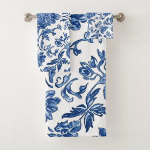 Chinoiserie Florale Bleue sur Fond Blanc Aquarelle