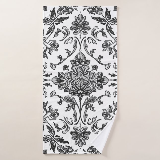 Chinoiserie Florale Noir & Blanc Aquarelle (Serviette de bain)