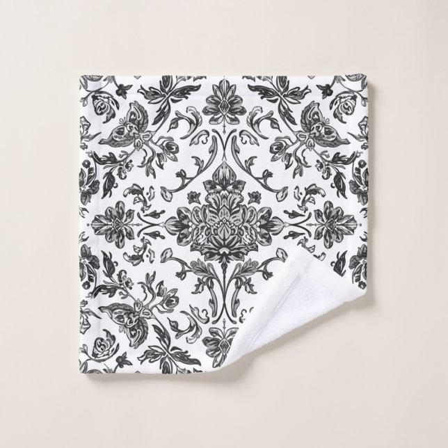 Chinoiserie Florale Noir & Blanc Aquarelle (Gant de toilette)